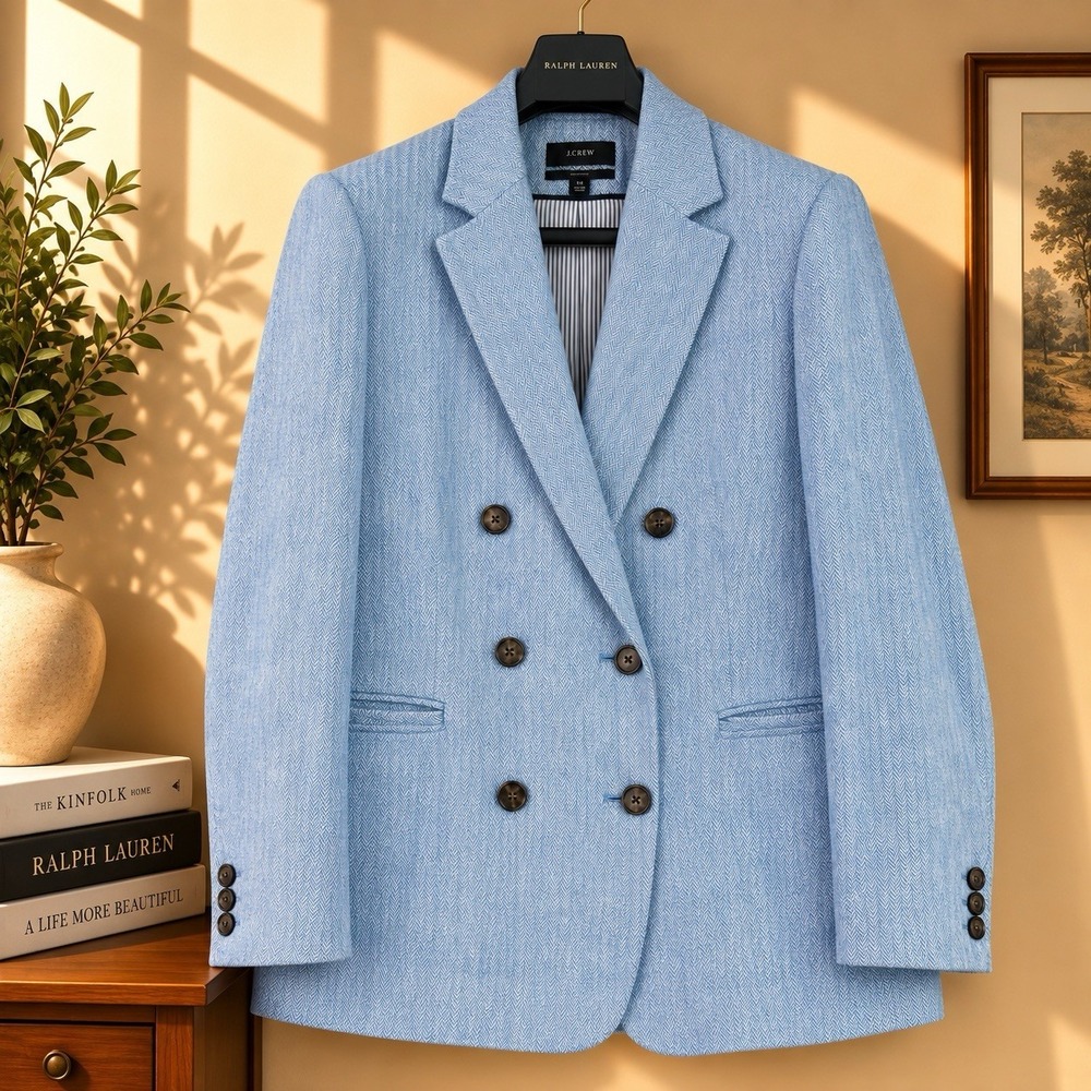 J.Crew Bristol Blazer Womens 14 Blue Herringbone Linen Cotton Double Breasted